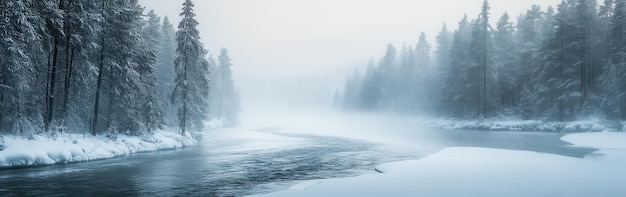 Photo winter river landscape with mist and snowcovered trees in a serene setting during a cold morning