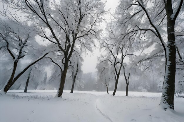 Photo winter road covered in snow winding through bare frosty trees