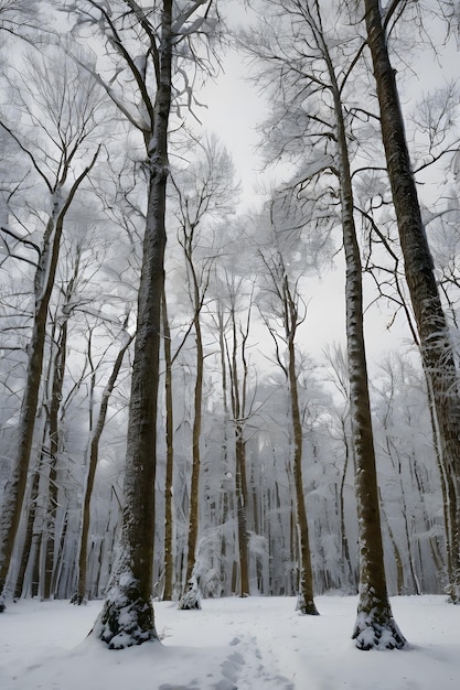 Photo winter road covered in snow winding through bare frosty trees