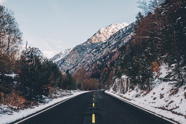 Winter road landscape with colorful trees and snow mountains at the background on a sunny day