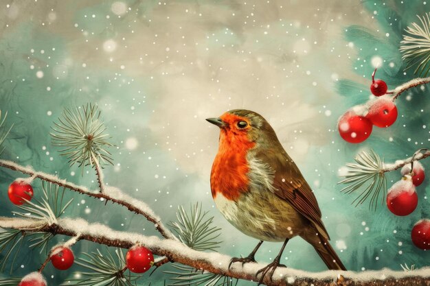 Winter robin on snowy pine branch