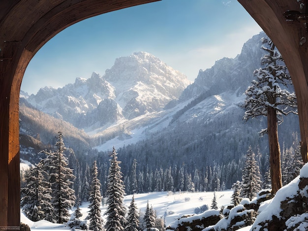 The winter's mysterious atmosphere envelops the beautiful mountains.