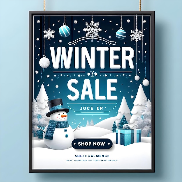 Photo winter sale banner with snowman snowflake pattern and bold shop now button