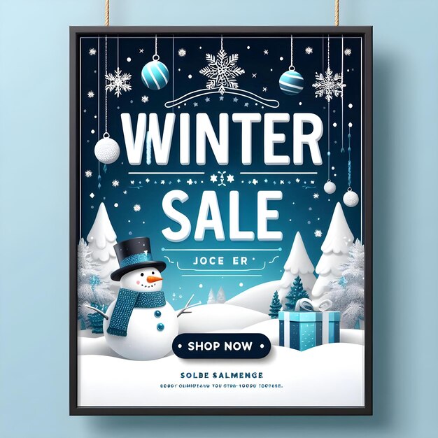 Photo winter sale banner with snowman snowflake pattern and bold shop now button