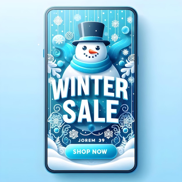 Photo winter sale banner with snowman snowflake pattern and icy blue background