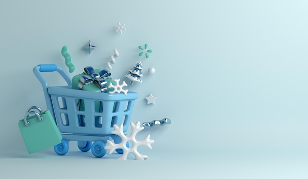 Winter sale decoration background with basket cart, snowflakes, gift box, shopping bag