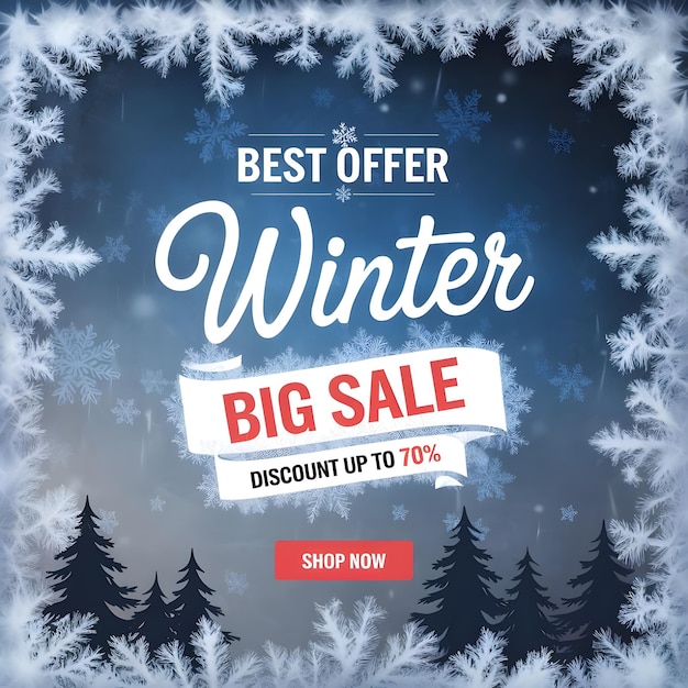 a winter sale poster with snowflakes on it