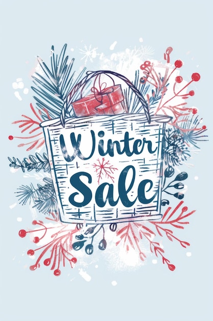 Photo winter sale text banner with gift boxes and natural botanical details on background