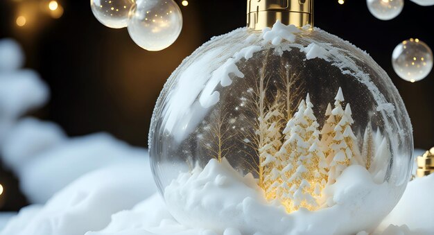 Winter scene of festive gold and white christmas ornaments