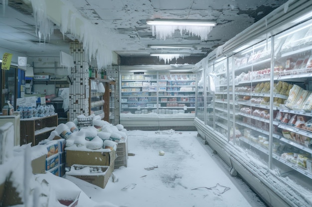 Winter scene in grocery store aisle filled with snowcovered shelves stocked with various items including soda chips Large icicle hangs from ceiling adding to wintry atmosphere Perspective taken