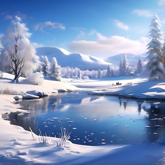 Photo winter scene snow covered hills tranquil frozen pond