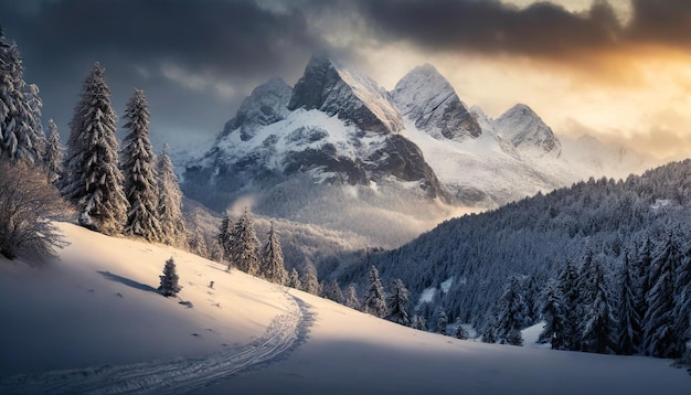 winter scene snowcapped mountains under clear sky serene beauty