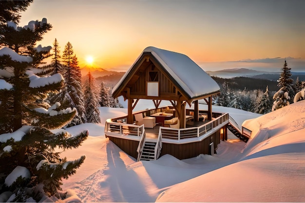 A winter scene with a cabin in the mountains