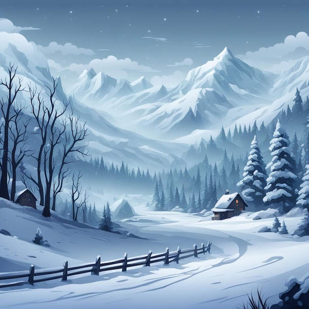 a winter scene with a cabin and a snowy mountain in the background