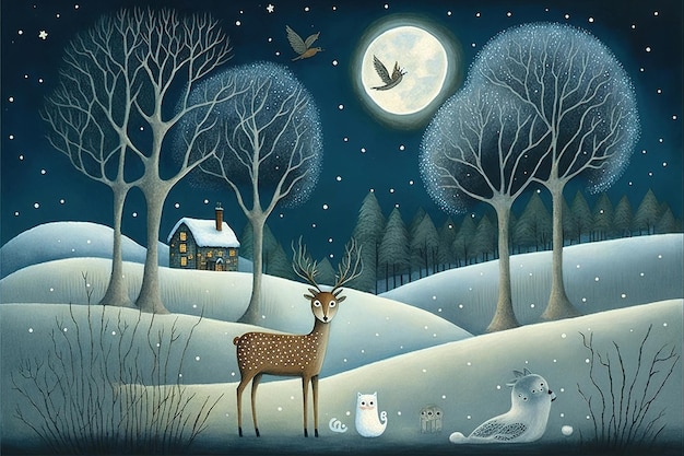 A winter scene with a deer and a moon in the background.