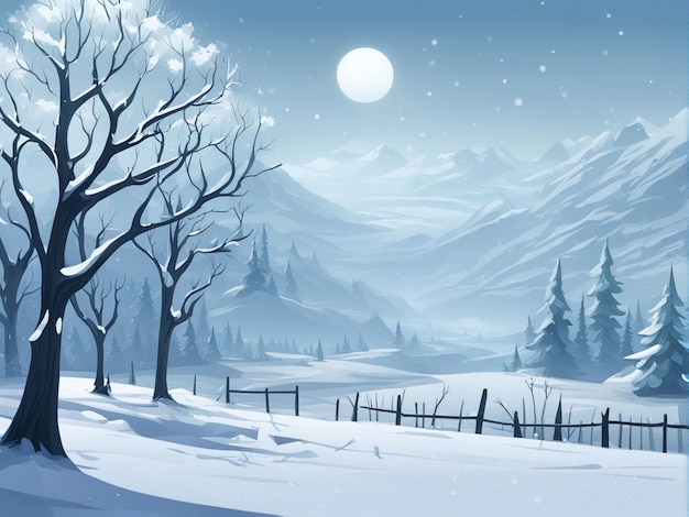 a winter scene with a fence and trees in the background