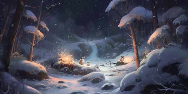 A winter scene with a fire in the snow