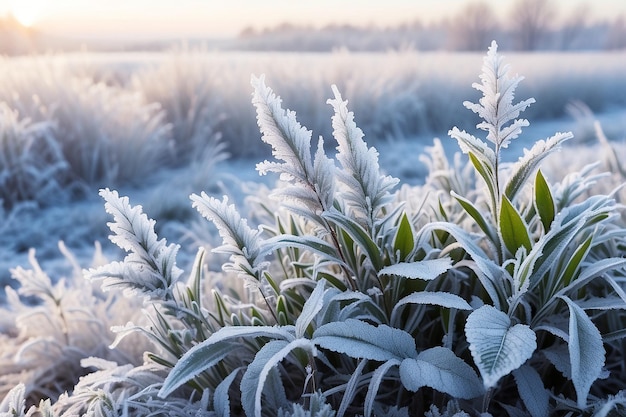 winter scene with frostcovered plants on a blurred natural background