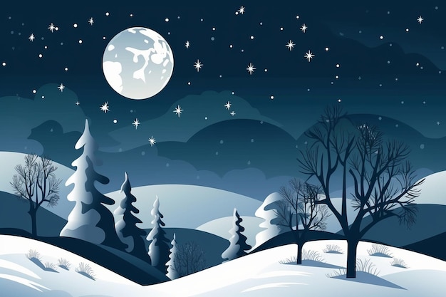 A winter scene with a full moon and snow covered trees