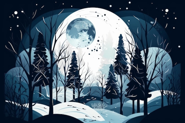 A winter scene with a full moon and trees in the foreground