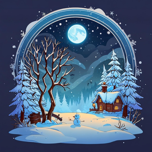 Photo a winter scene with a house and trees and a moon