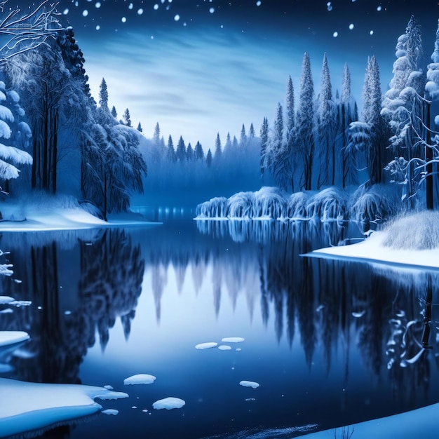 a winter scene with a lake and trees in the background.