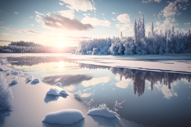 A winter scene with a lake and trees in the foreground and a sunset in the background.