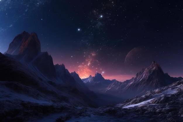 Winter scene with a majestic mountain peak a starfilled sky nebula and comet Generative AI