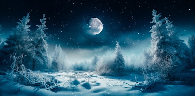 A winter scene with a moon in the sky