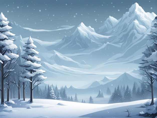 a winter scene with mountains and trees