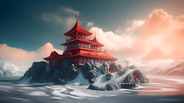 A winter scene with a pagoda in the snow