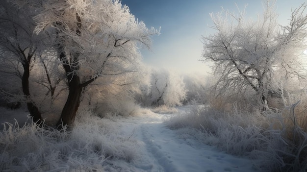 Winter scene with a path and trees covered in snow