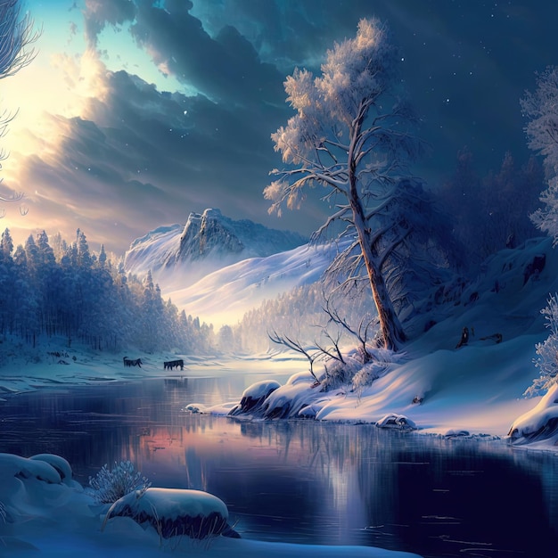 A winter scene with a river and mountains in the background.