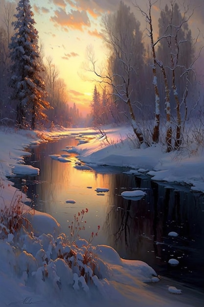 A winter scene with a river and a snowy landscape.