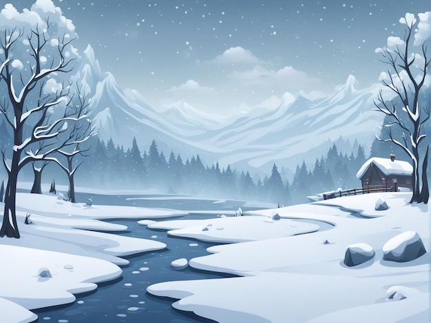 a winter scene with a river and a snowy mountain landscape