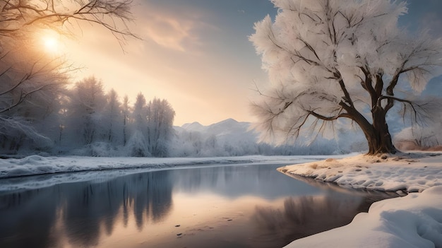 Photo a winter scene with a river and trees covered in snow