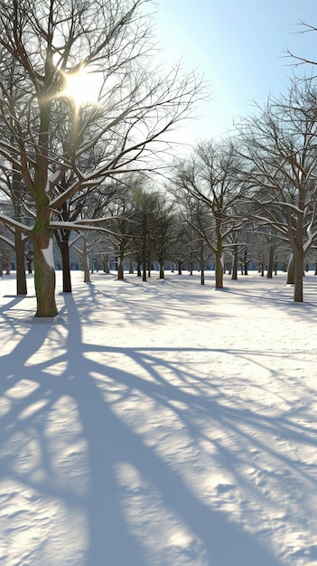 a winter scene with the shadows of trees and the sun shining through the trees