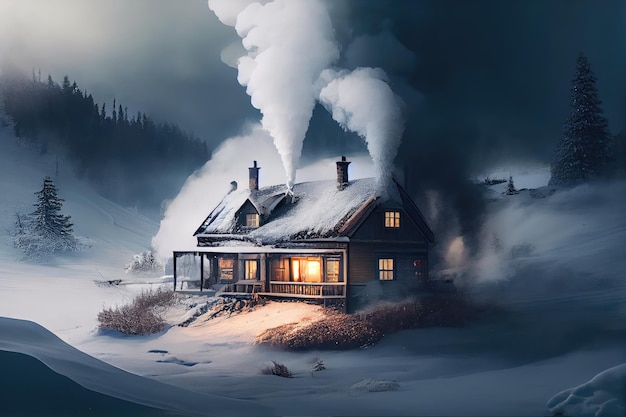 Winter scene with smoke coming from a warm and cozy house surrounded by snow