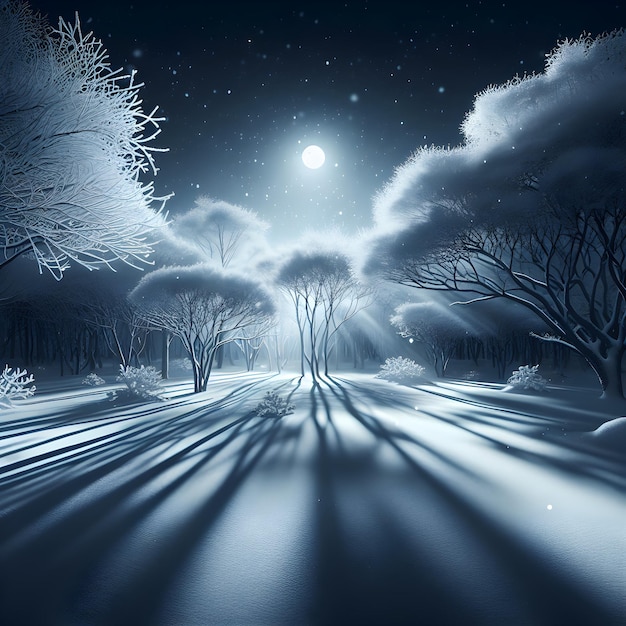 a winter scene with a snow covered road and trees