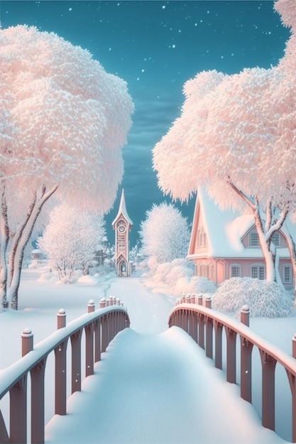 Winter scene with snow covered trees and a bridge generative ai