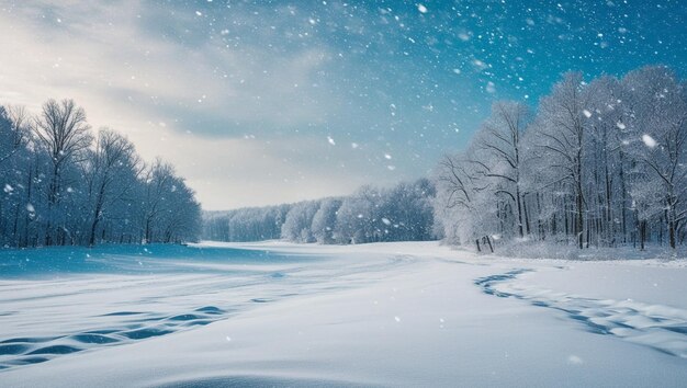 a winter scene with snow on the ground and a blue sky with a few clouds