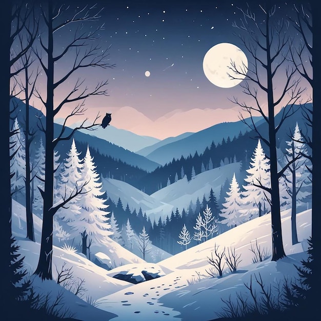 a winter scene with a snowy forest and a bird on the top