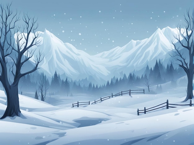 a winter scene with a snowy landscape and a fence