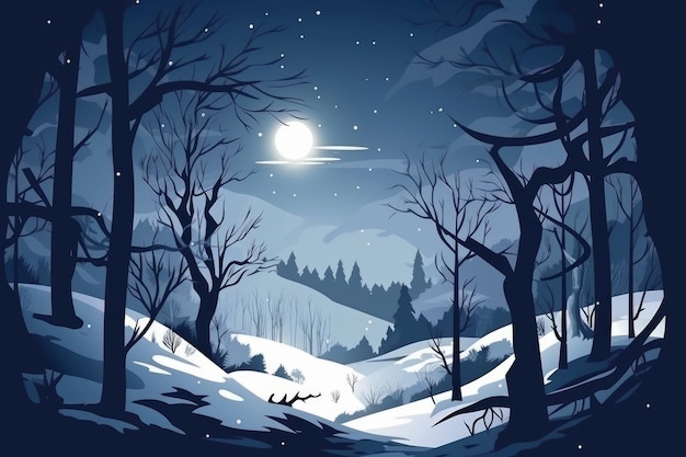 A winter scene with a snowy landscape and the moon in the background