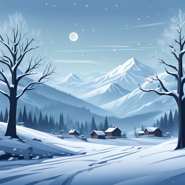 a winter scene with a snowy landscape and a road with trees and a moon in the sky