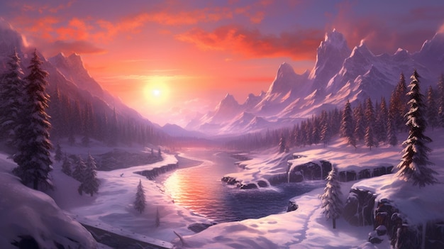 A winter scene with a snowy mountain and a sunset.