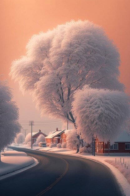 A winter scene with a snowy road and a house in the background.