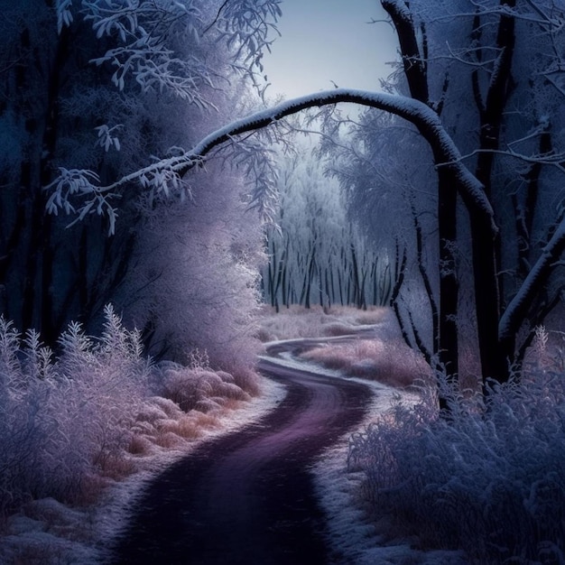 A winter scene with a snowy road and trees covered in snow.