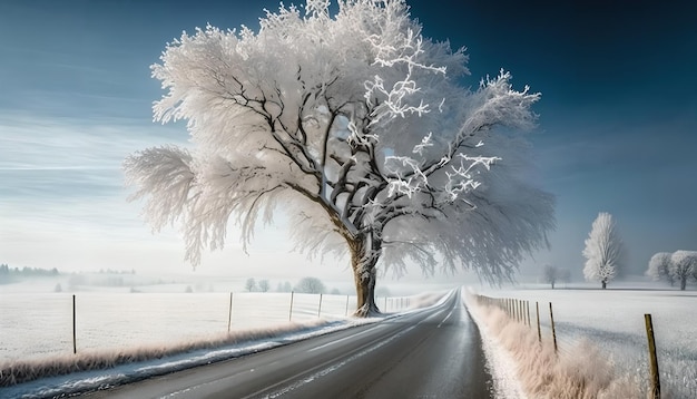 A winter scene with a tree on the road