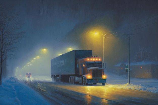 A winter scene with a truck driving on the road.